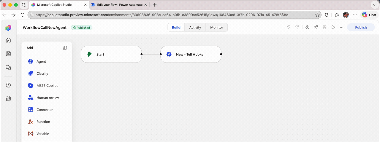 Screen recording: the WorkflowCallNewAgent workflow is open in the workflow builder under copilotstudio.microsoft.com. The host part of the URL is edited to make.powerautomate.com and reloaded, so the same workflow opens in Power Automate. The New - Tell A Joke agent action is right-clicked, copied, and pasted into a different Power Automate flow.